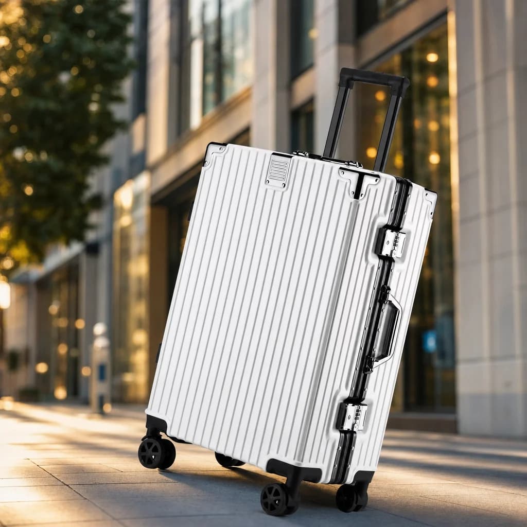 White aluminum frame carry-on on a city street at golden hour