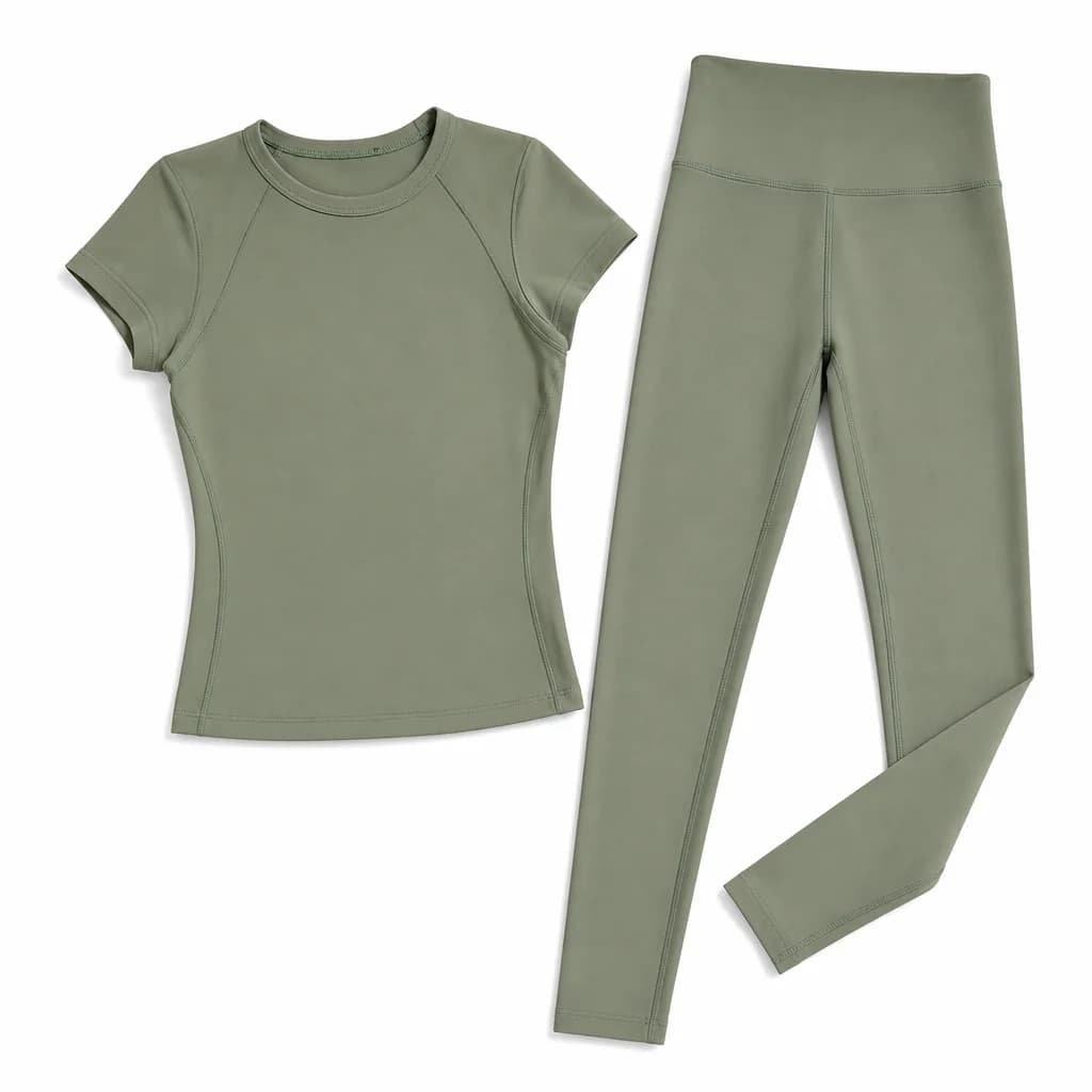 Fitted active top in olive green, studio shot