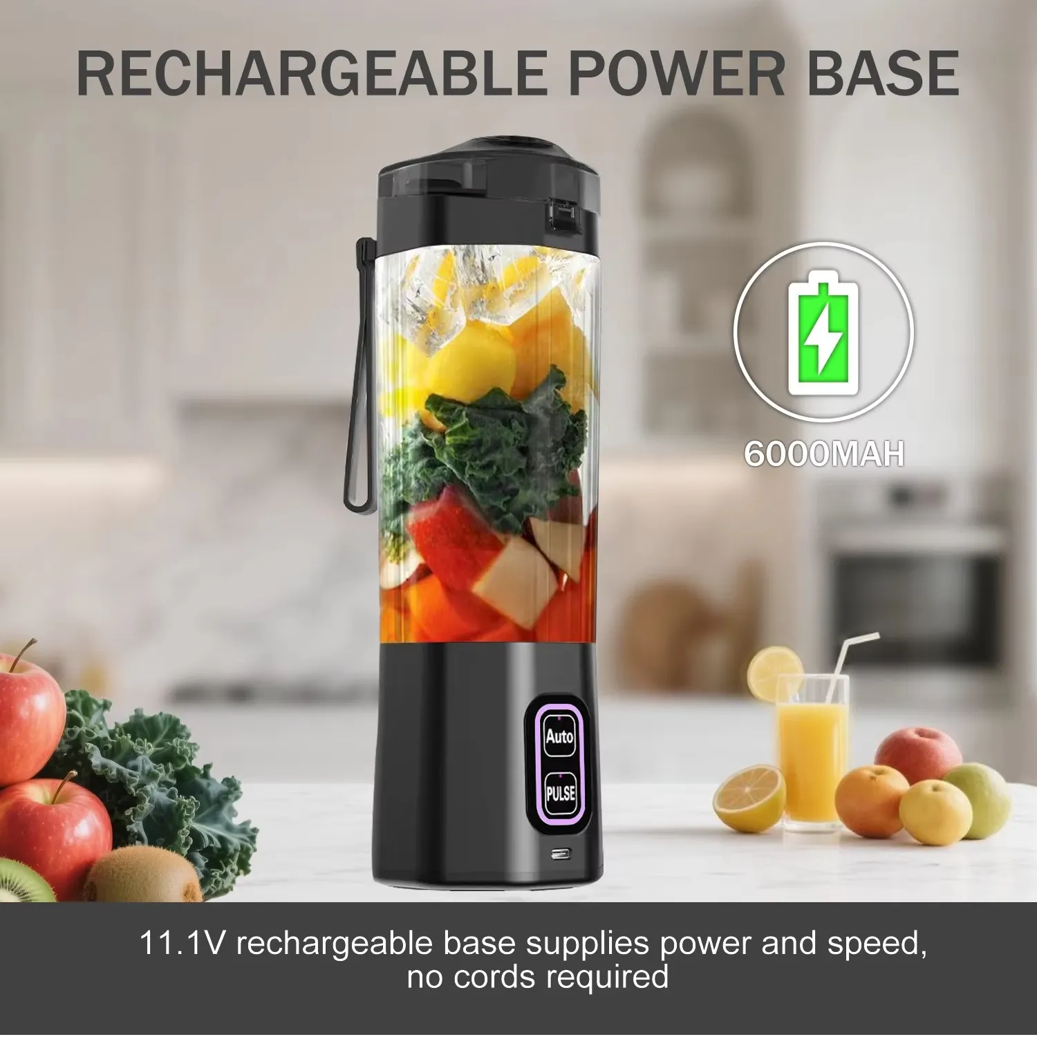 The portable blender packed with fresh fruit and ice, ready to blend