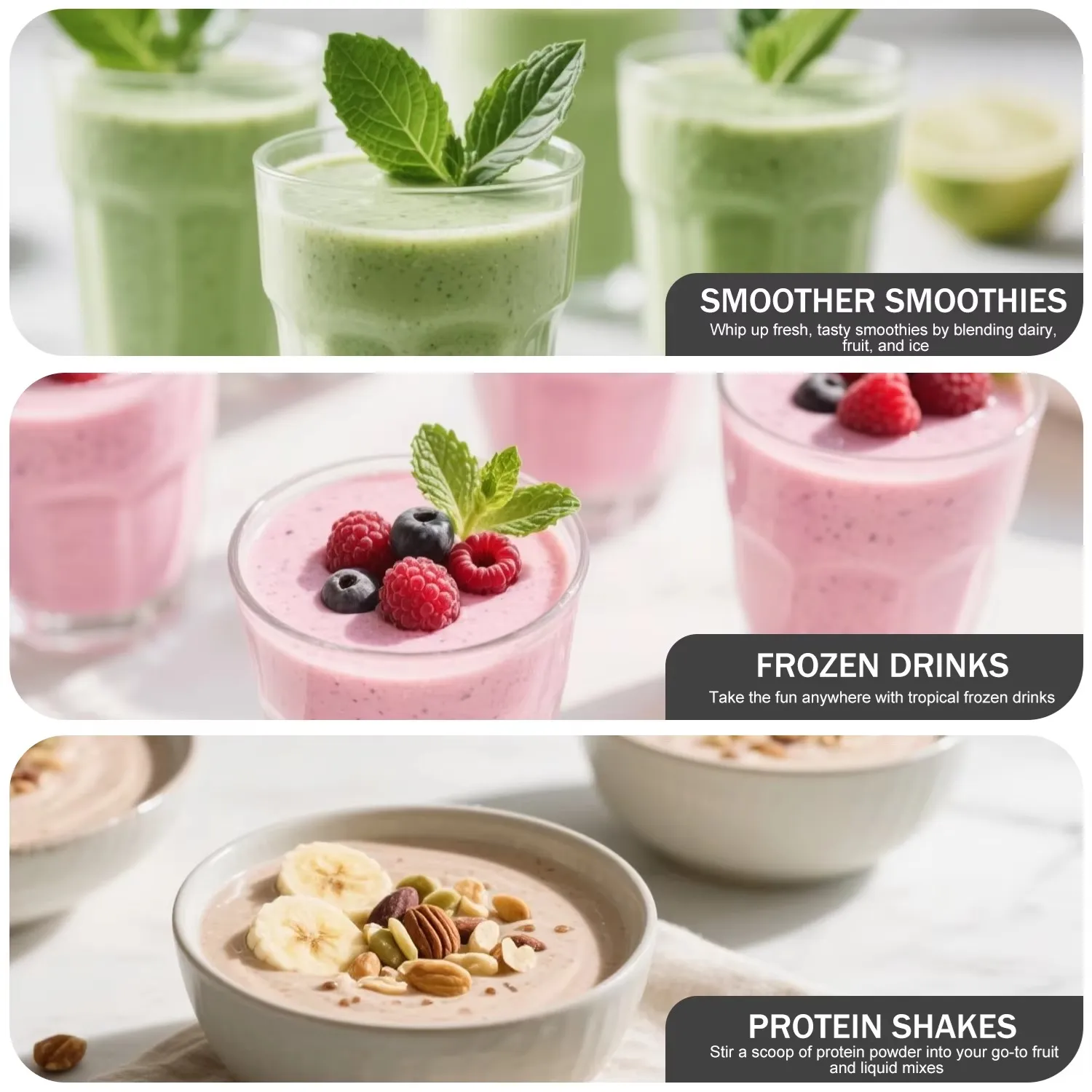 Green smoothies, berry frozen drinks and protein shakes made with the blender