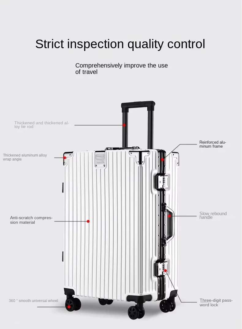 Annotated view of the reinforced frame, wrap angles, trolley bar, combination lock and spinner wheels