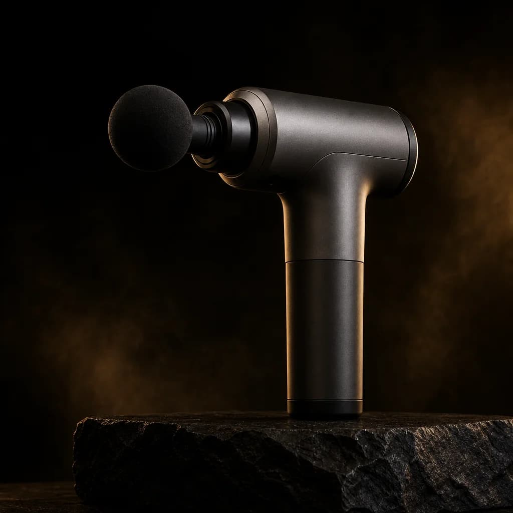 Deep muscle relax percussion massage gun with black ball head on dark stone with warm gold lighting