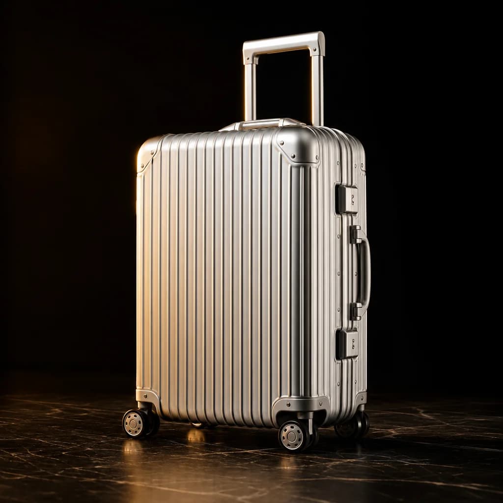 Silver 20-inch aluminum-frame carry-on suitcase on dark stone floor with golden studio lighting