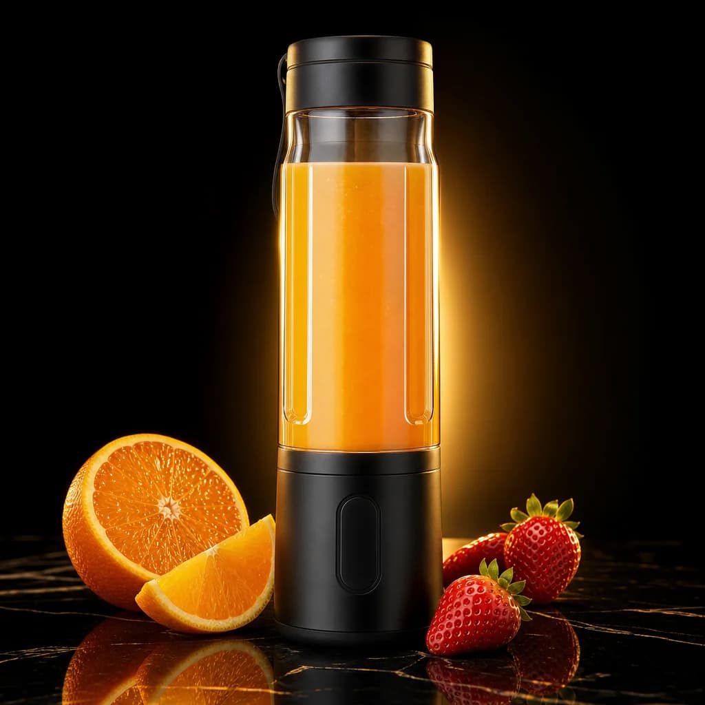 Portable rechargeable blender with fresh orange juice on a dark studio backdrop with golden lighting